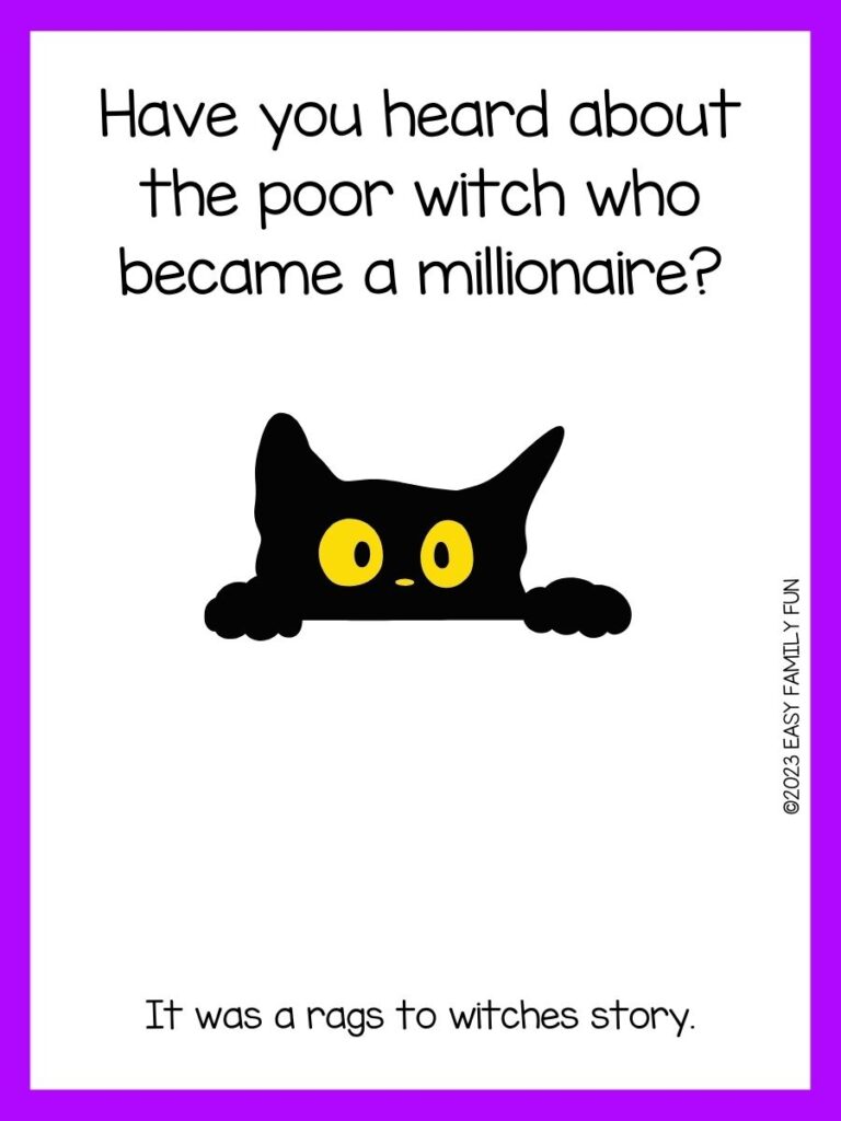 white background, purple border saying Halloween jokes with an image of a half face black cat 