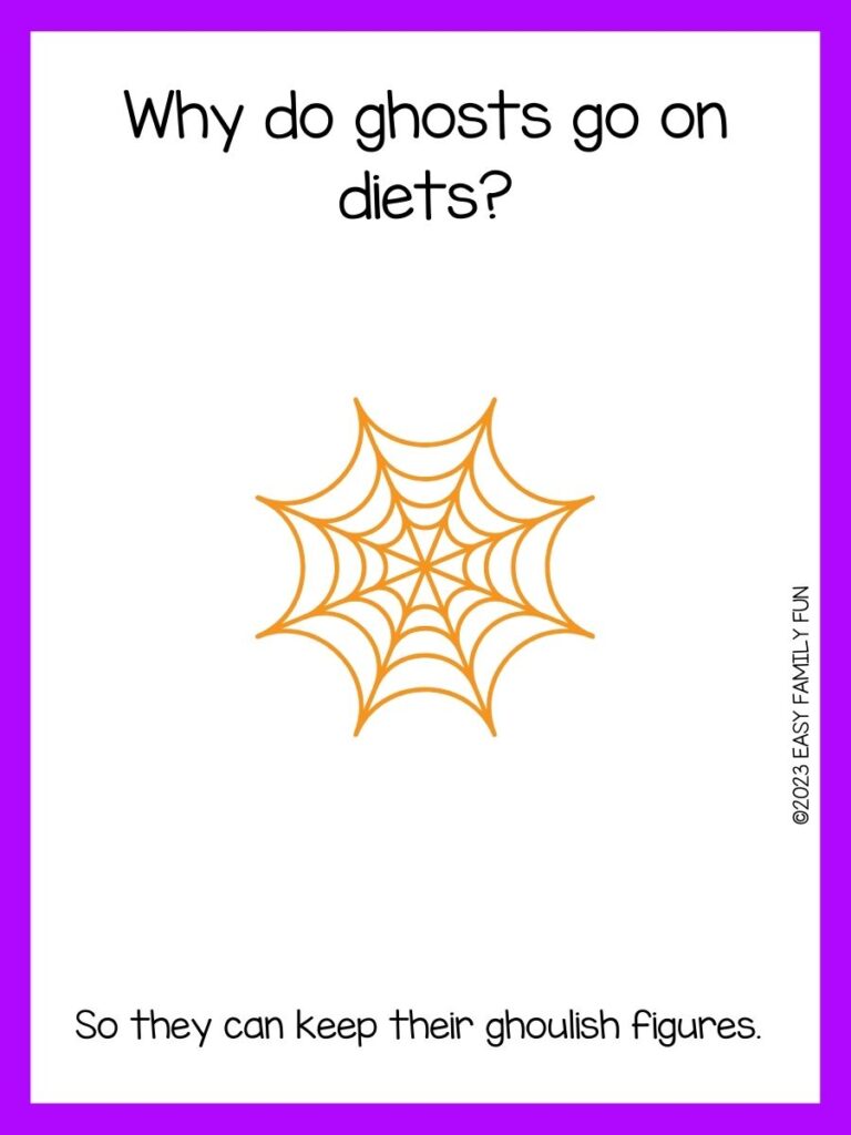 white background, purple border saying Halloween jokes with an image of a yellow spider web
