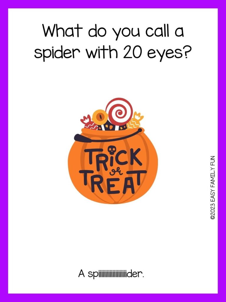 white background, purple border saying Halloween jokes with an image of a pumpkin with a text "trick or treat" and candies inside