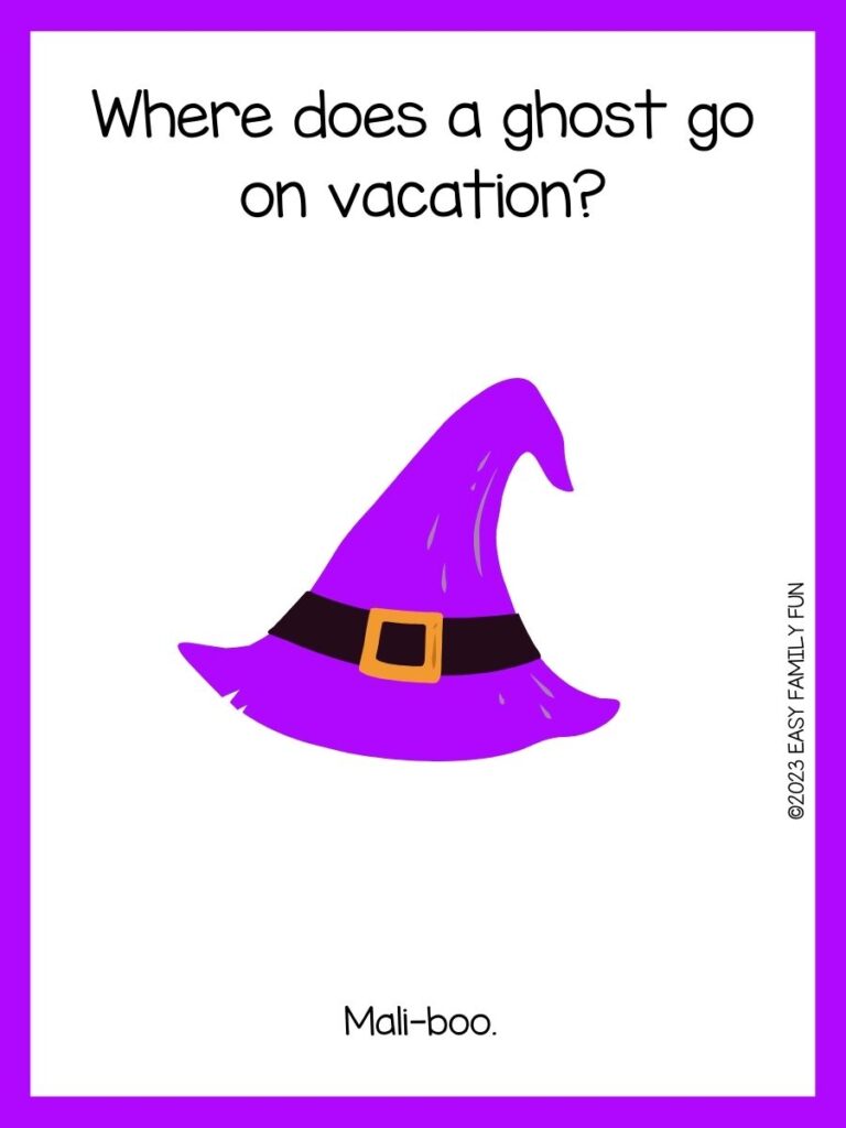 white background, purple border saying Halloween jokes with an image of a purple witch hat