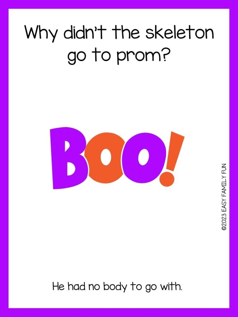 white background, purple border saying Halloween jokes with an image of a text saying "BOO!" in purple and orange color