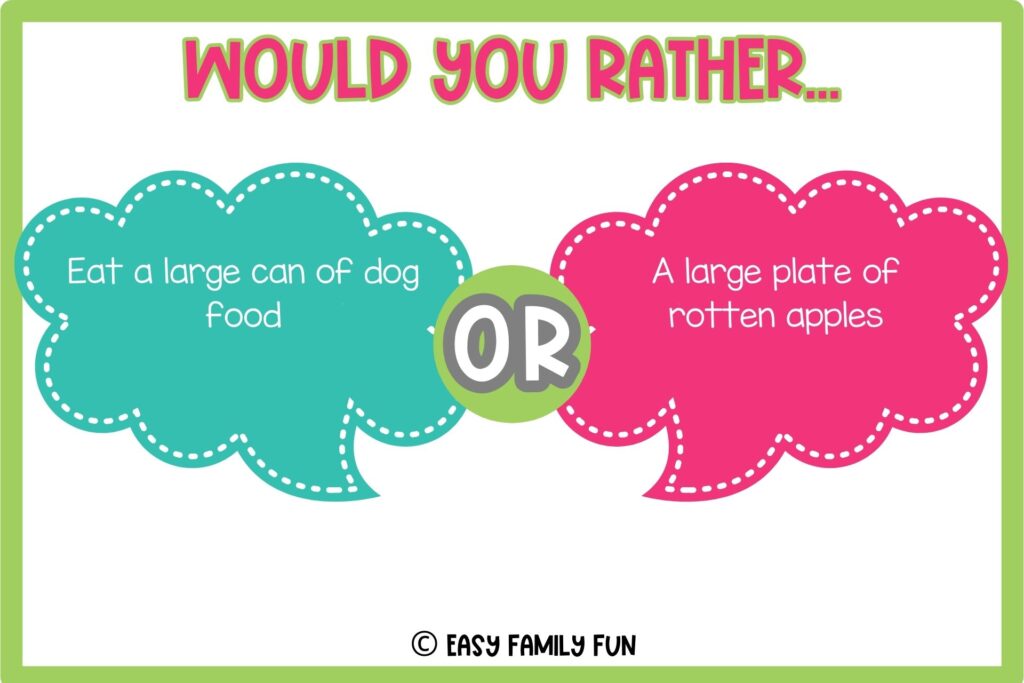 in post image with white background, light green border, title that says "Would you rather", text of would you rather questions, and an image of teal green text bubble and pink text bubble