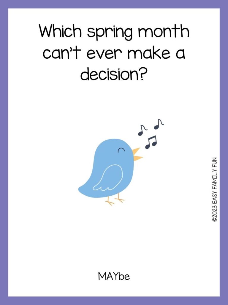 in post image with white background, purple pastel border, text of a joke about spring, and an image of a cute singing bird
