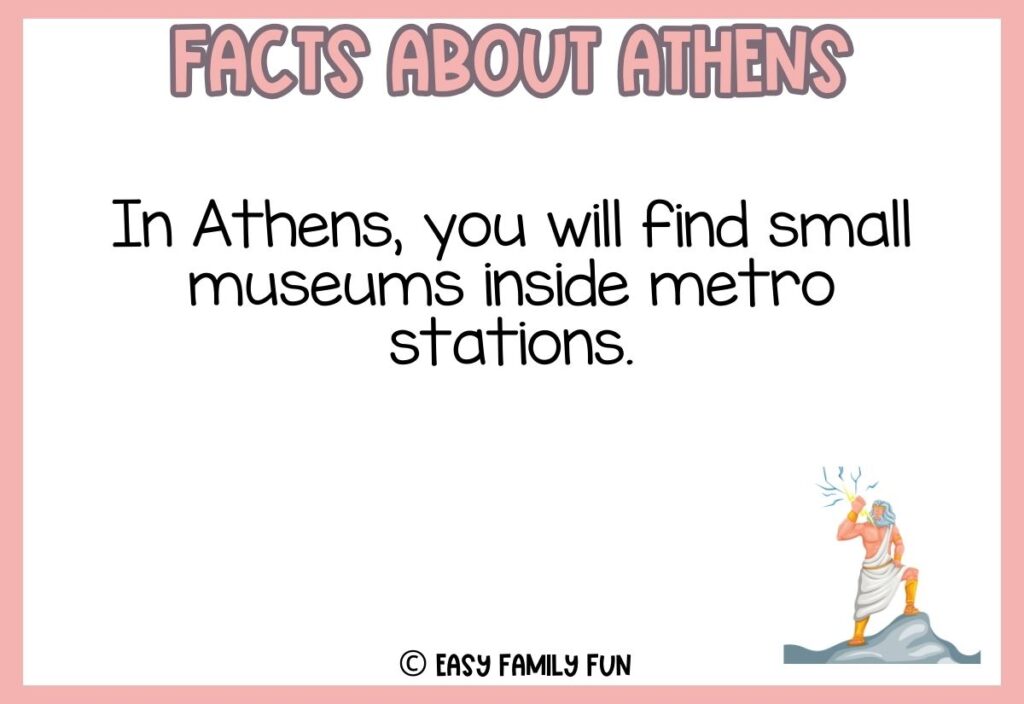 in post image with white background, pink  border, title that says "Facts about Athens", text of a fact about Athens, and an image of portrait of Zeus holding a thunder with lightning 
