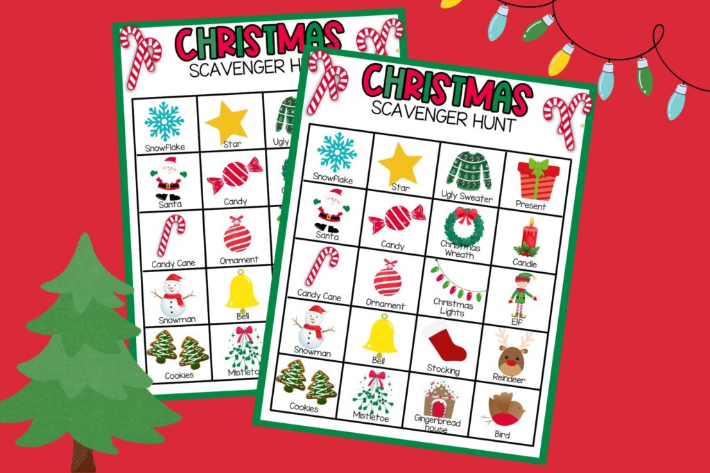 red background with green tree and colorful christmas lights with 2 Christmas scavenger hunt PDFs