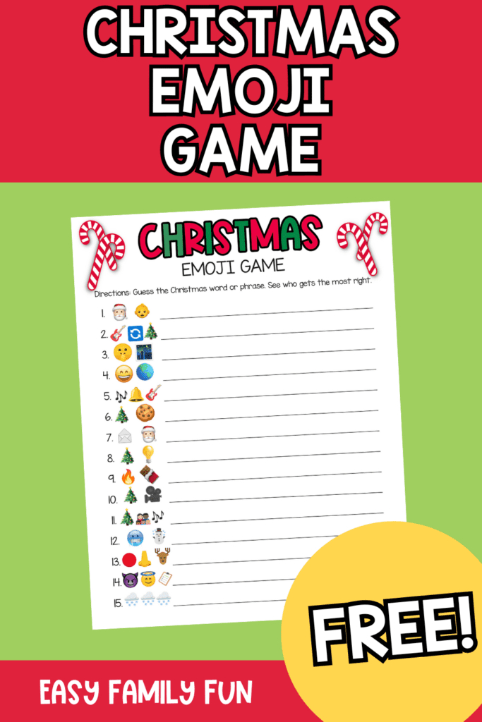 Christmas Emoji Game Printable For All Ages on green and red background