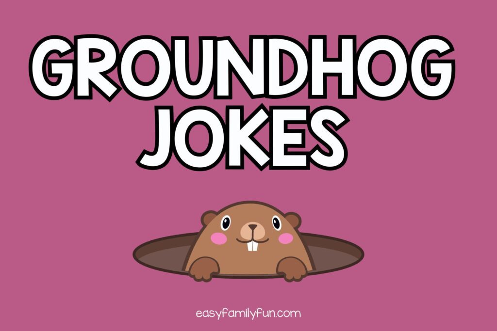 featured image with dark mauve background and white text that says “groundhog jokes”
