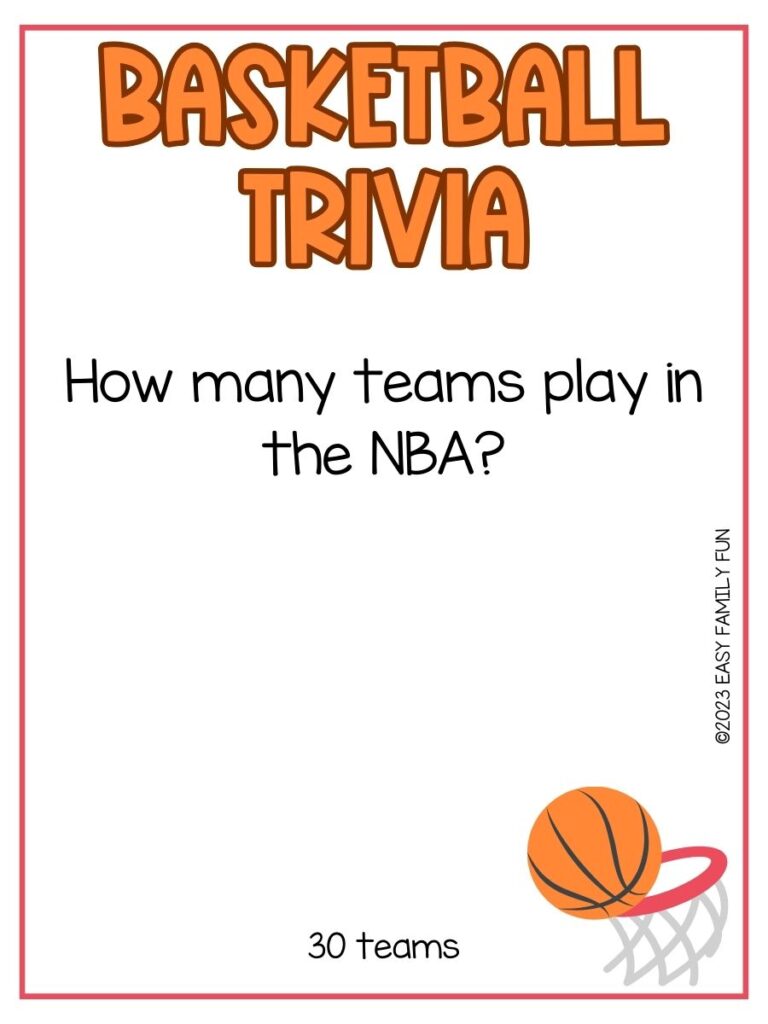 in post image with white background, orange border, text of basketball trivia and an image of a ball shooting in ring
