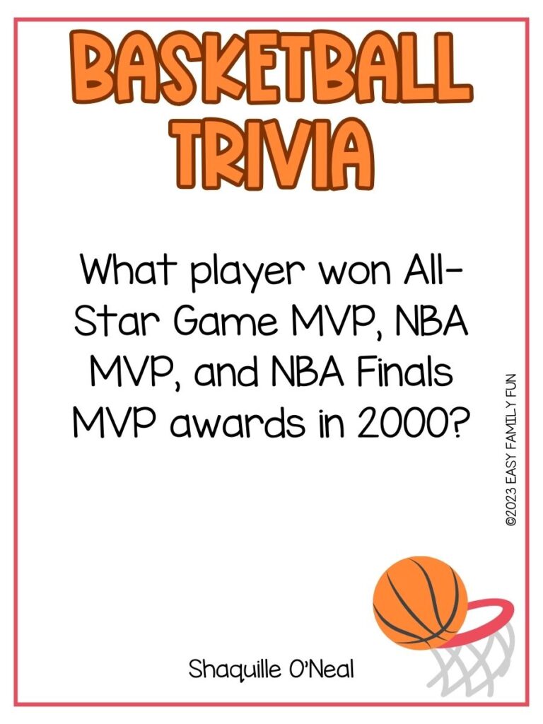 in post image with white background, orange border, text of basketball trivia and an image of a ball shooting in ring
