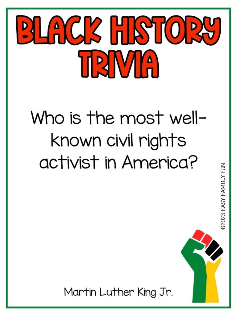 in post image with white background, green border, title that says "Black History Trivia", text of a fact about Black History Trivia, and an image of fist black history freedom in color green, red and yellow