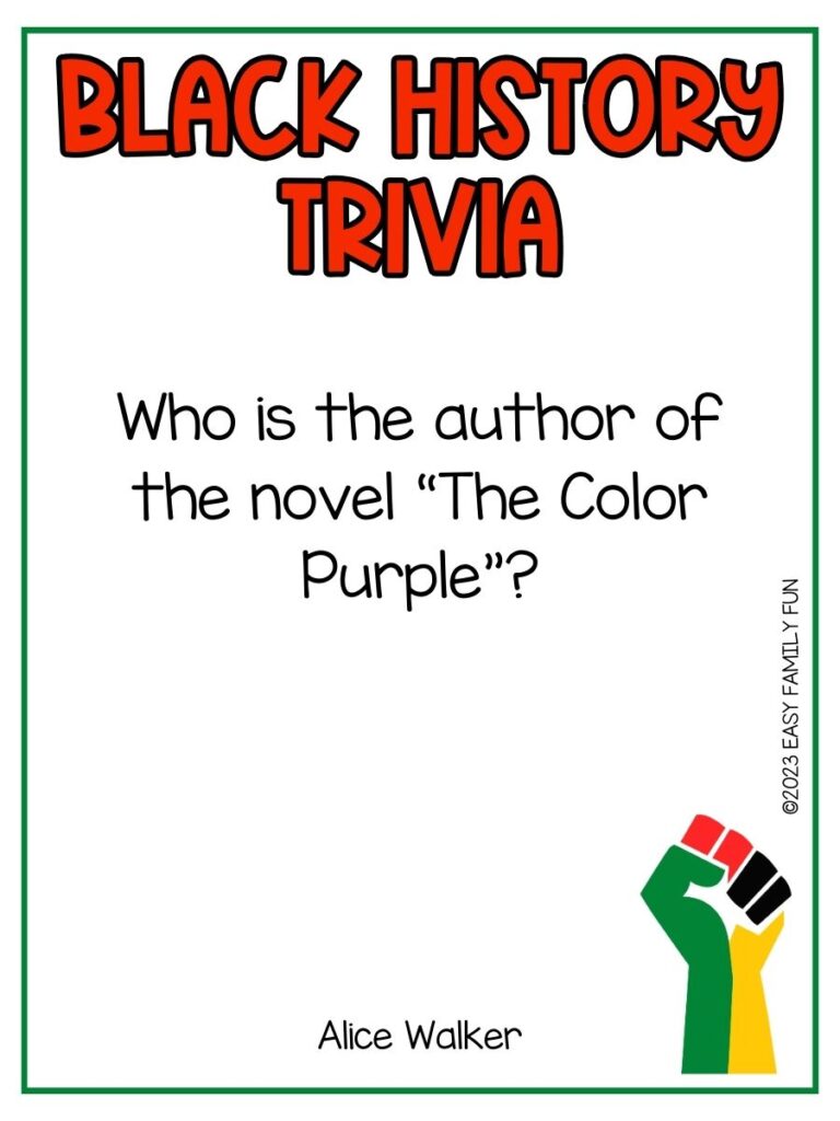 in post image with white background, green border, title that says "Black History Trivia", text of a fact about Black History Trivia, and an image of fist black history freedom in color green, red and yellow