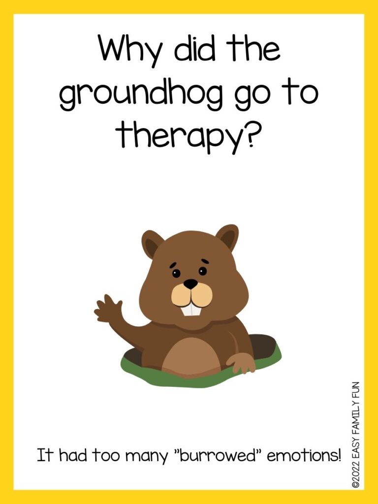 in post image with white background, yellow border, text of groundhog jokes and an image of a cute groundhog waving
