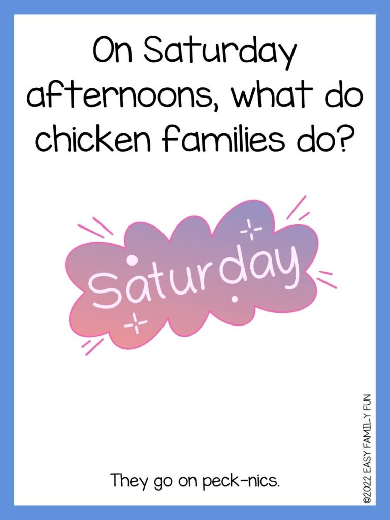 in post image with white background, blue border, text of saturday  jokes and an image of a text bubble "Saturday"
