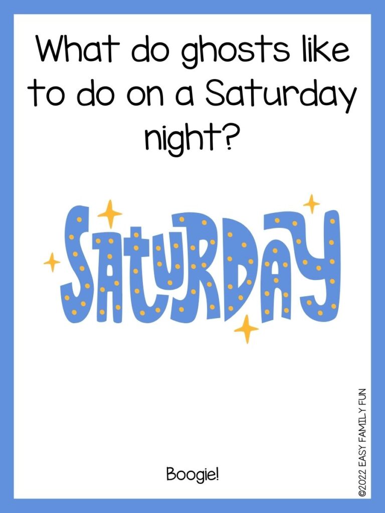 in post image with white background, blue border, text of saturday  jokes and an image of a text saying "Saturday" in blue and yellow polka dots
