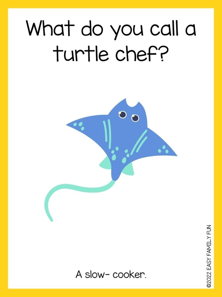 in post image with white background, yellow border, text of sea jokes and an image of a manta ray
