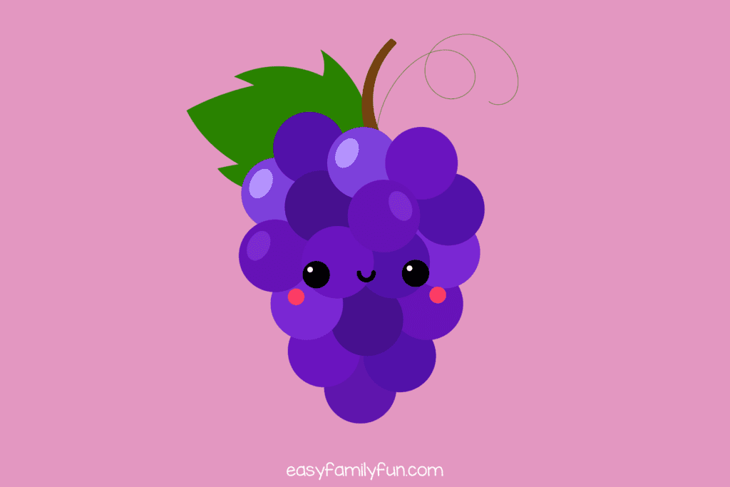 On the left a pink background with a purple bunch of grapes 