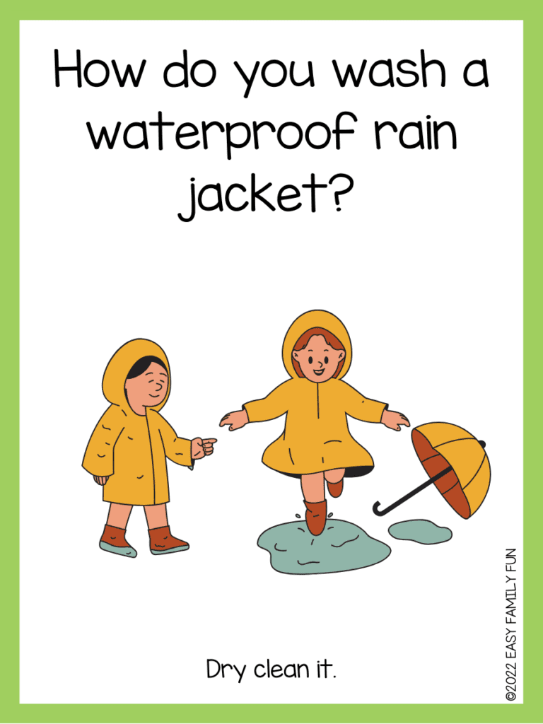 White background with green border and kids in rain jackets playing in puddles with a rain joke 