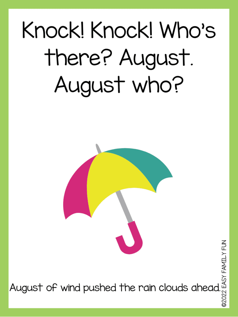 White background with green border and a colorful umbrella with a rain joke 