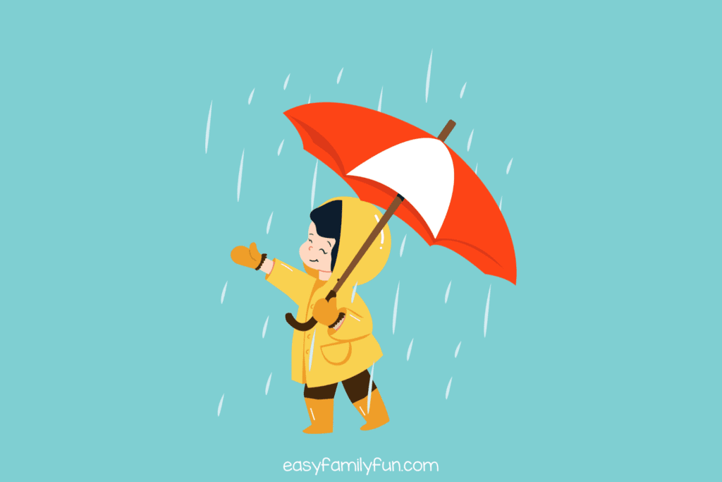 On the left light blue background with a cartoon of a little kid standing in the rain with a red and white umbrella and a yellow rain coat. 
