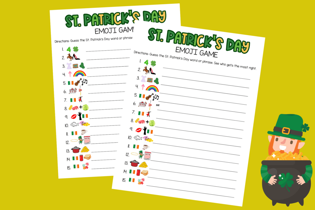 St. Patrick’s Day Emoji GAME PRINTABLE WITH POT OF GOLD ON BOTTOM RIGHT